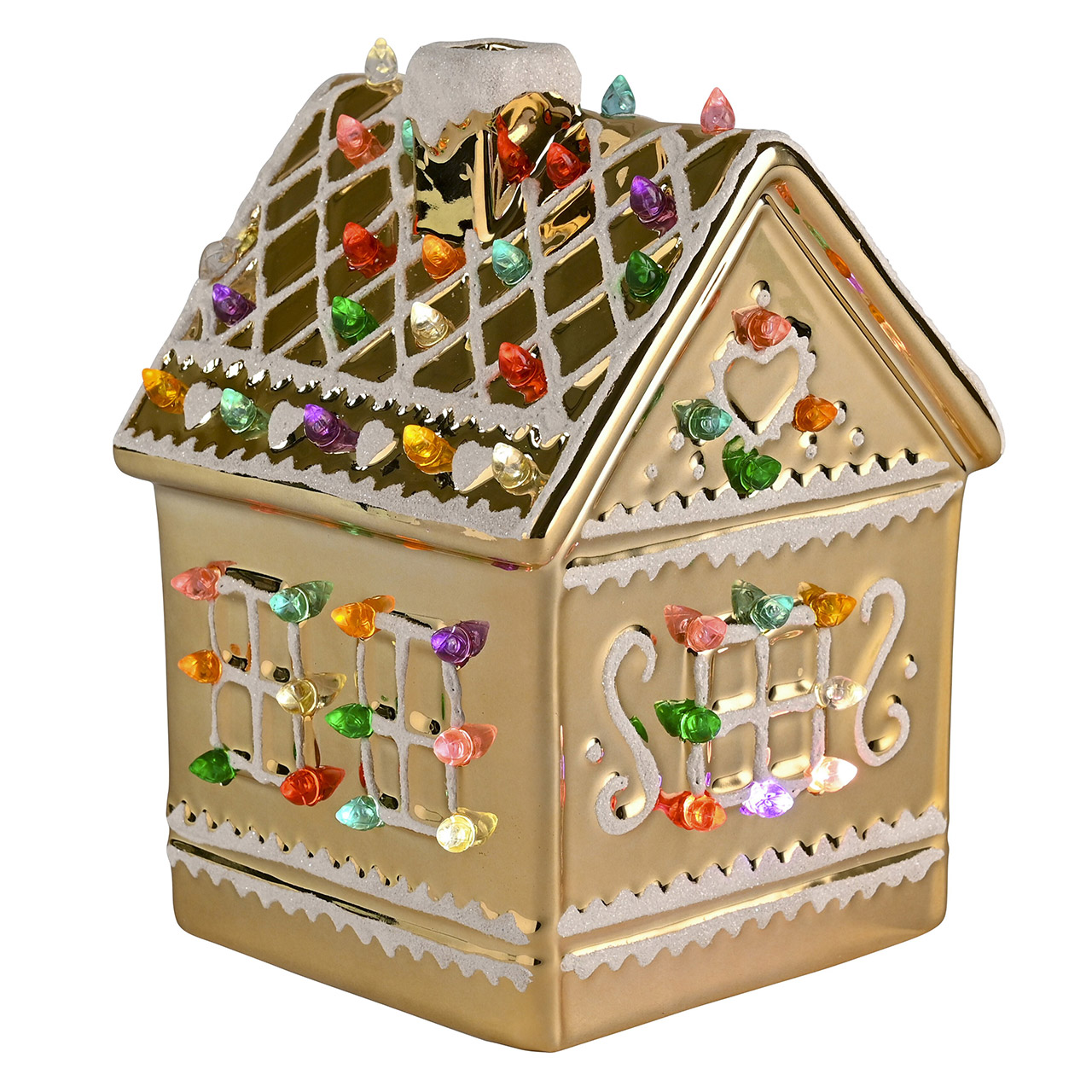 Lebkuchenhaus mit LED Porzellan gold