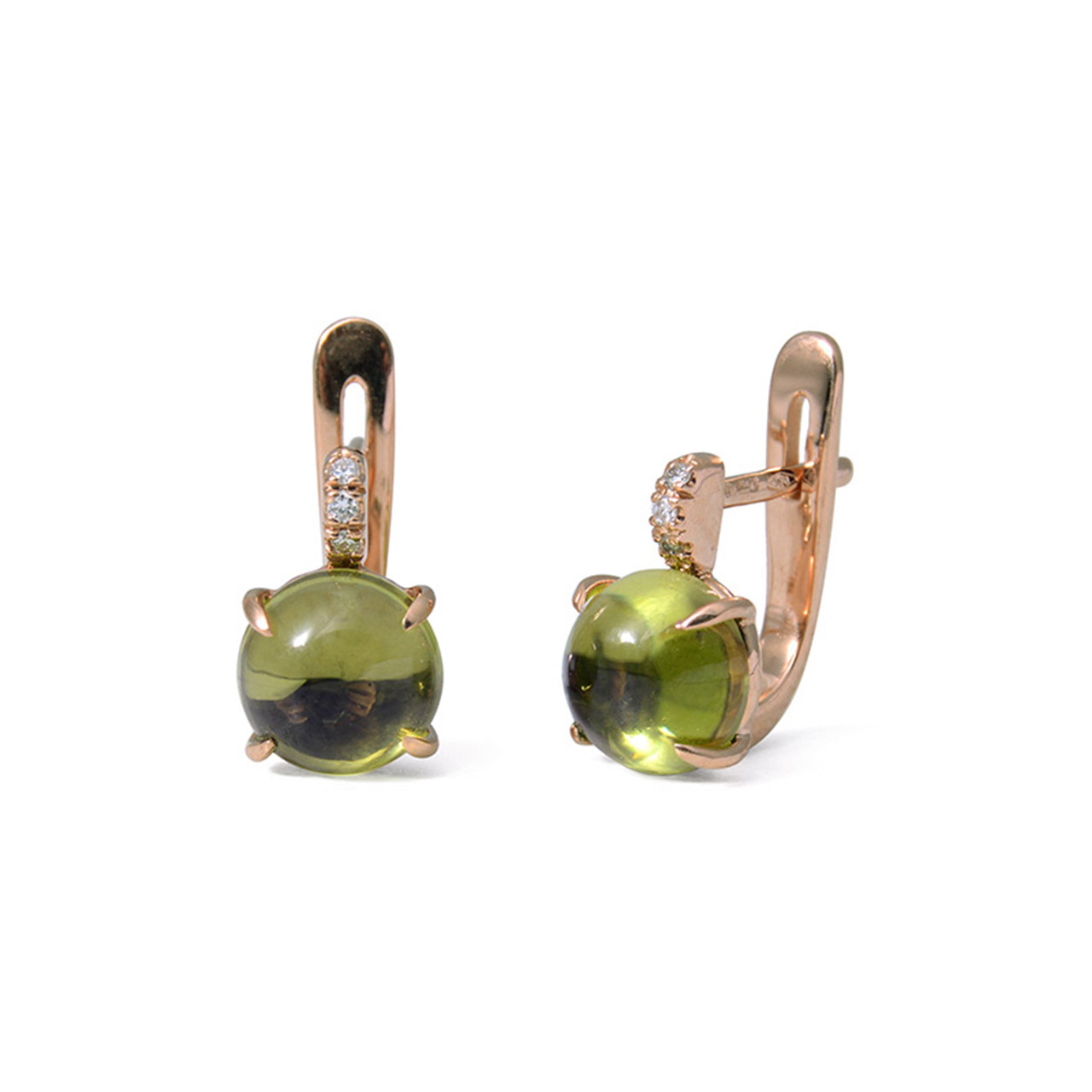 Earrings rose gold 750 peridot 3,1 ct diamonds 0.03 ct G VS