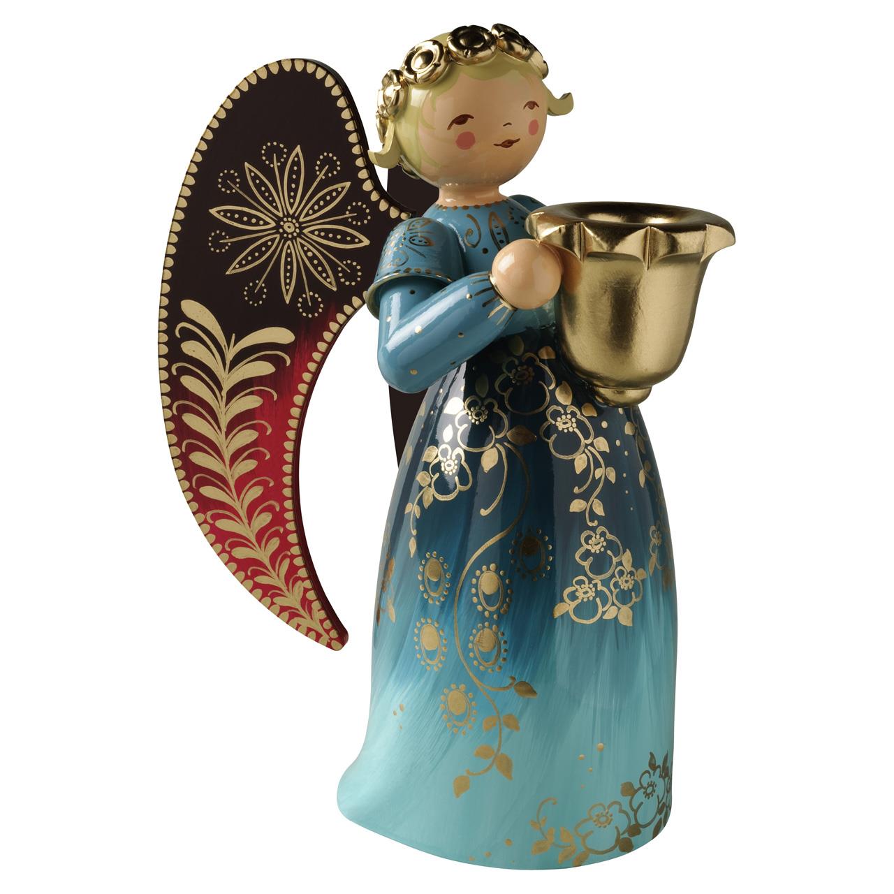 Angel large with Candle Stick, painted rich, blue